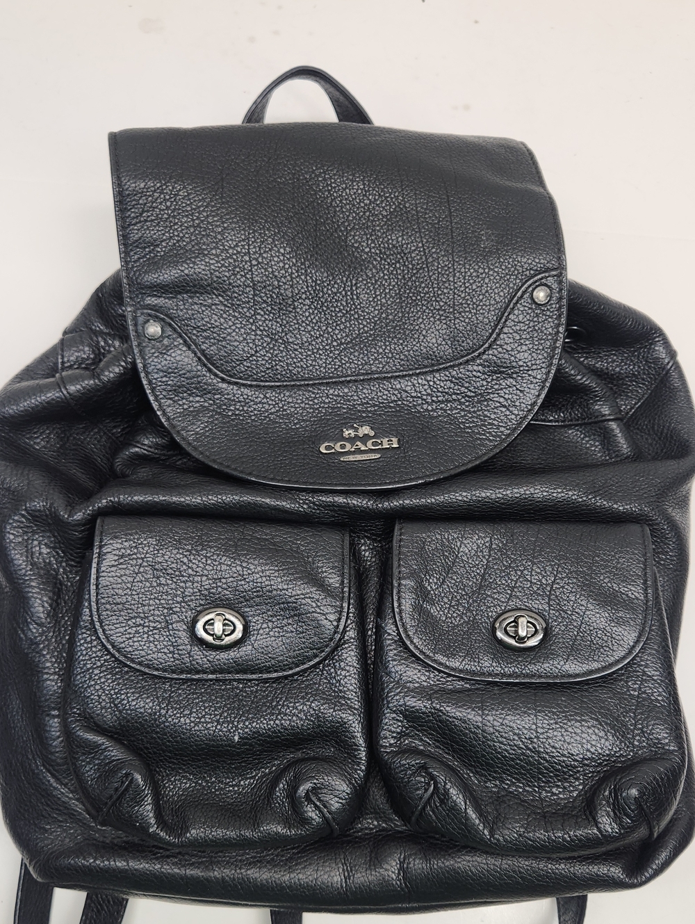 Coach Black Pebbled Leather Billie Backpack with Dual Front Pockets